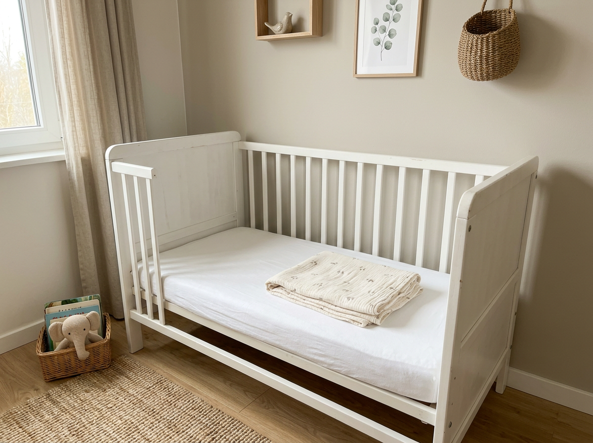 Hvid babyseng med madras
